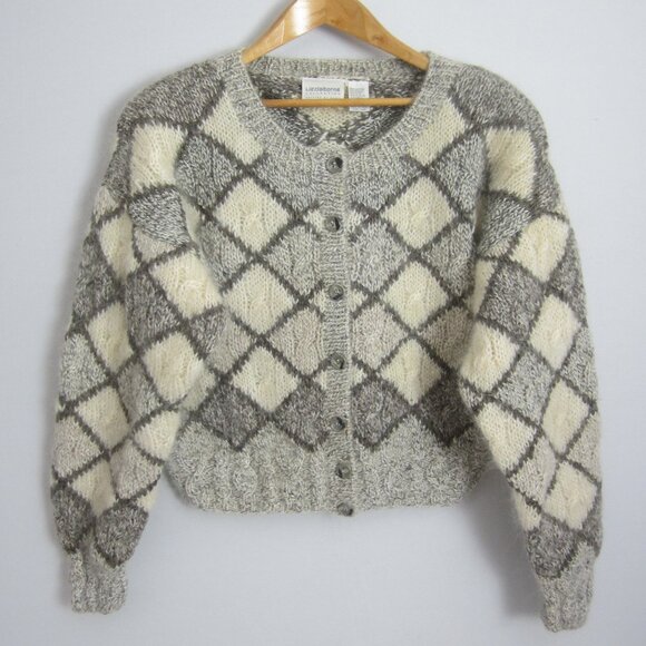 Vtg Liz Claiborne Womens L Ivory Taupe Gray Hand Knit Mohair Cable Knit Cardigan - Picture 1 of 13